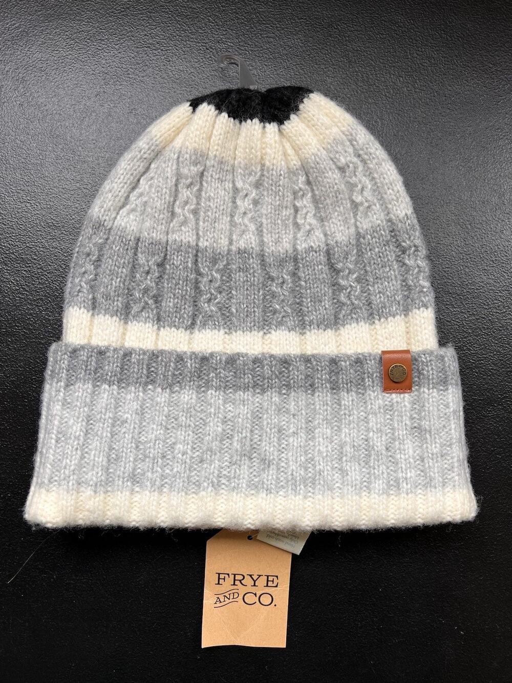 Frye and Co. Striped Beanie Hat Grey Cream Cable Knit Unisex One Size New